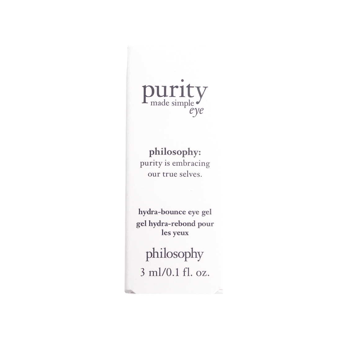 Philosophy Purity eye gel 3ml white box with black text for hydra-bounce eye care
