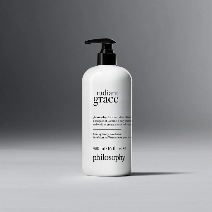 Philosophy Radiant Grace body emulsion 16 oz white bottle with black pump dispenser
