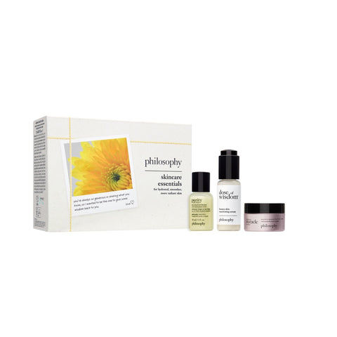 Philosophy skincare gift set featuring three travel-size fragrance and skincare essentials with white and yellow packaging