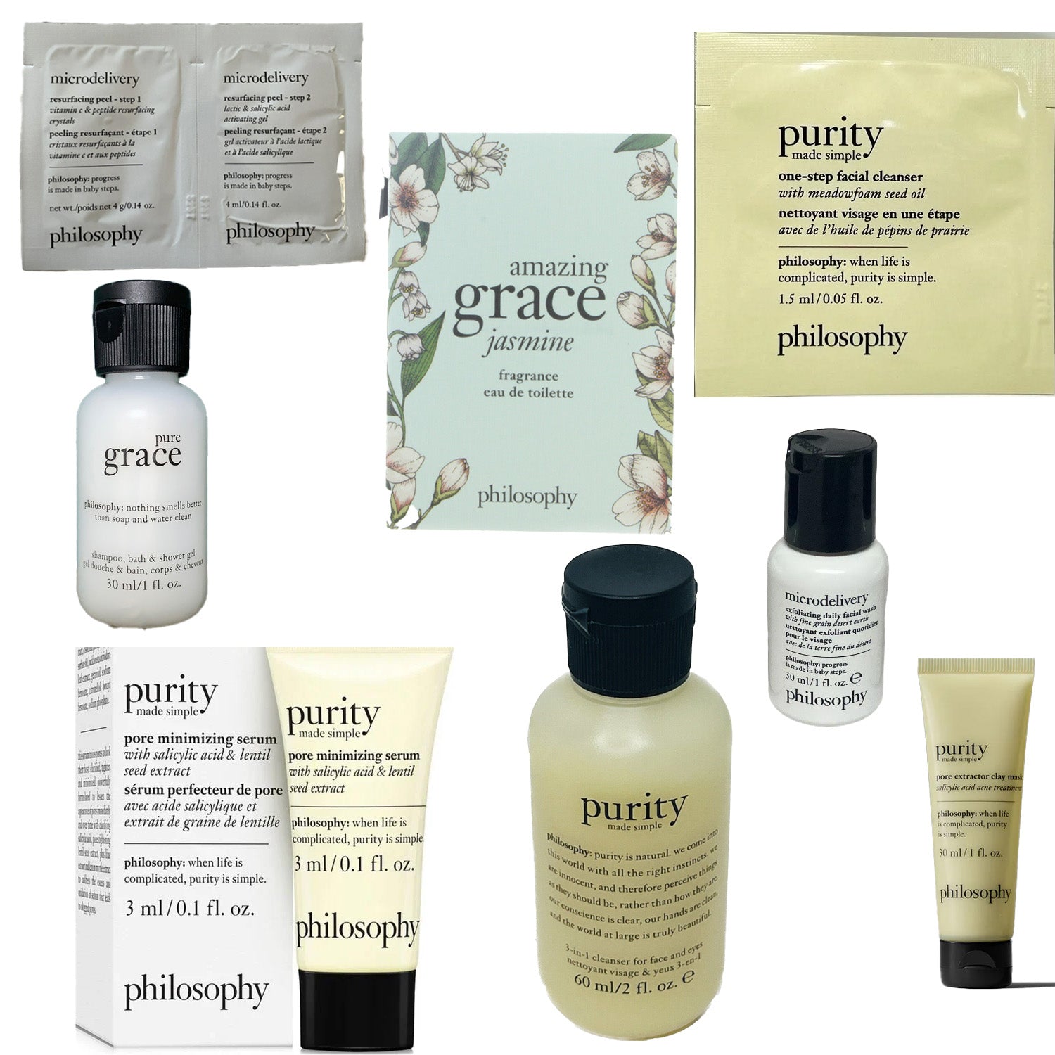 Philosophy skincare sample set including purity cleanser, pure grace body wash, amazing grace fragrance, and pore minimizing serum