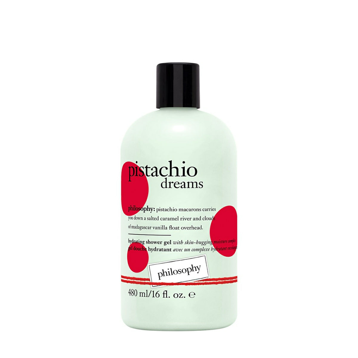 Philosophy Pistachio Dreams shower gel 16 oz bottle with black cap and red design elements