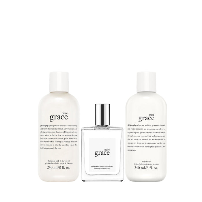 Philosophy Pure Grace gift set with shower gel, eau de parfum, and body lotion bottles