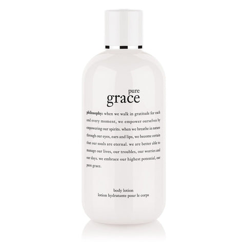 White bottle of Philosophy Pure Grace lotion body lotion with black text and white cap
