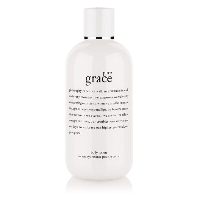 White bottle of Philosophy Pure Grace lotion body lotion with black text and white cap