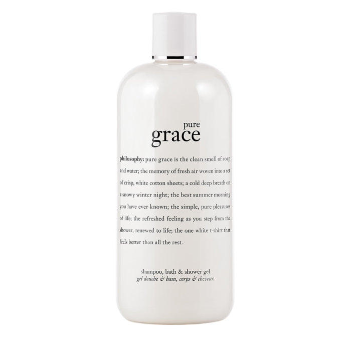 Philosophy Pure Grace shower gel in a white bottle with black text for cleansing and refreshing skin