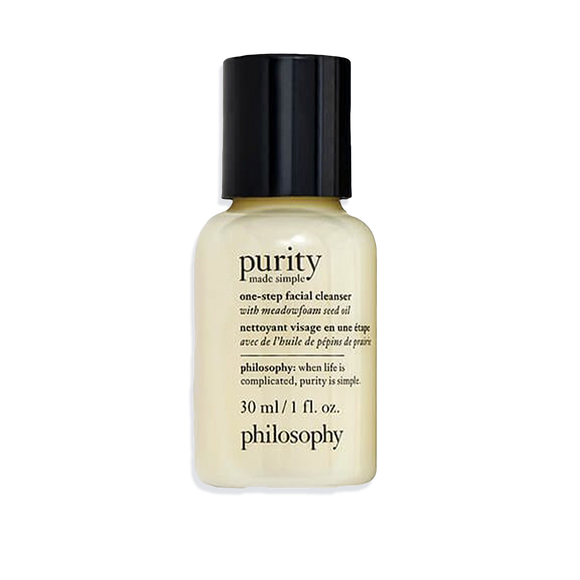Philosophy Purity facial cleanser travel size 30ml bottle with black cap on black background