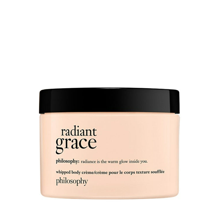 Philosophy Radiant Grace body cream whipped texture in light peach jar with black lid