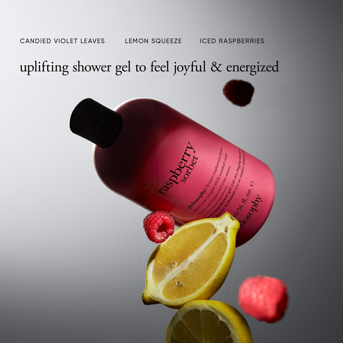 Philosophy Raspberry Sorbet Shower Gel with lemon slice and raspberries for uplifting and energizing shower