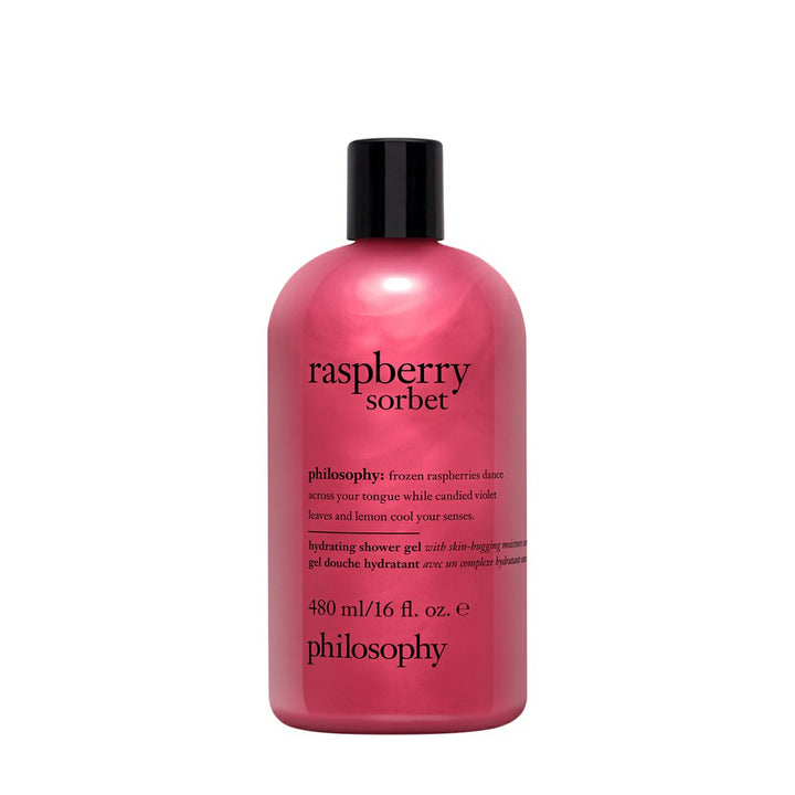 Philosophy Raspberry Sorbet Shower Gel in a pink 480ml bottle with black cap