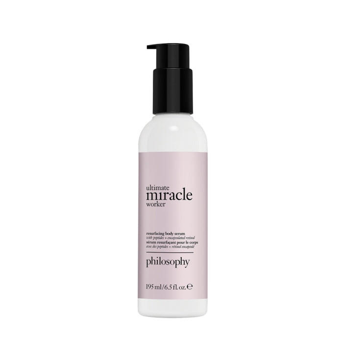 Philosophy Ultimate Miracle Worker resurfacing body serum in 195 ml white bottle with black pump