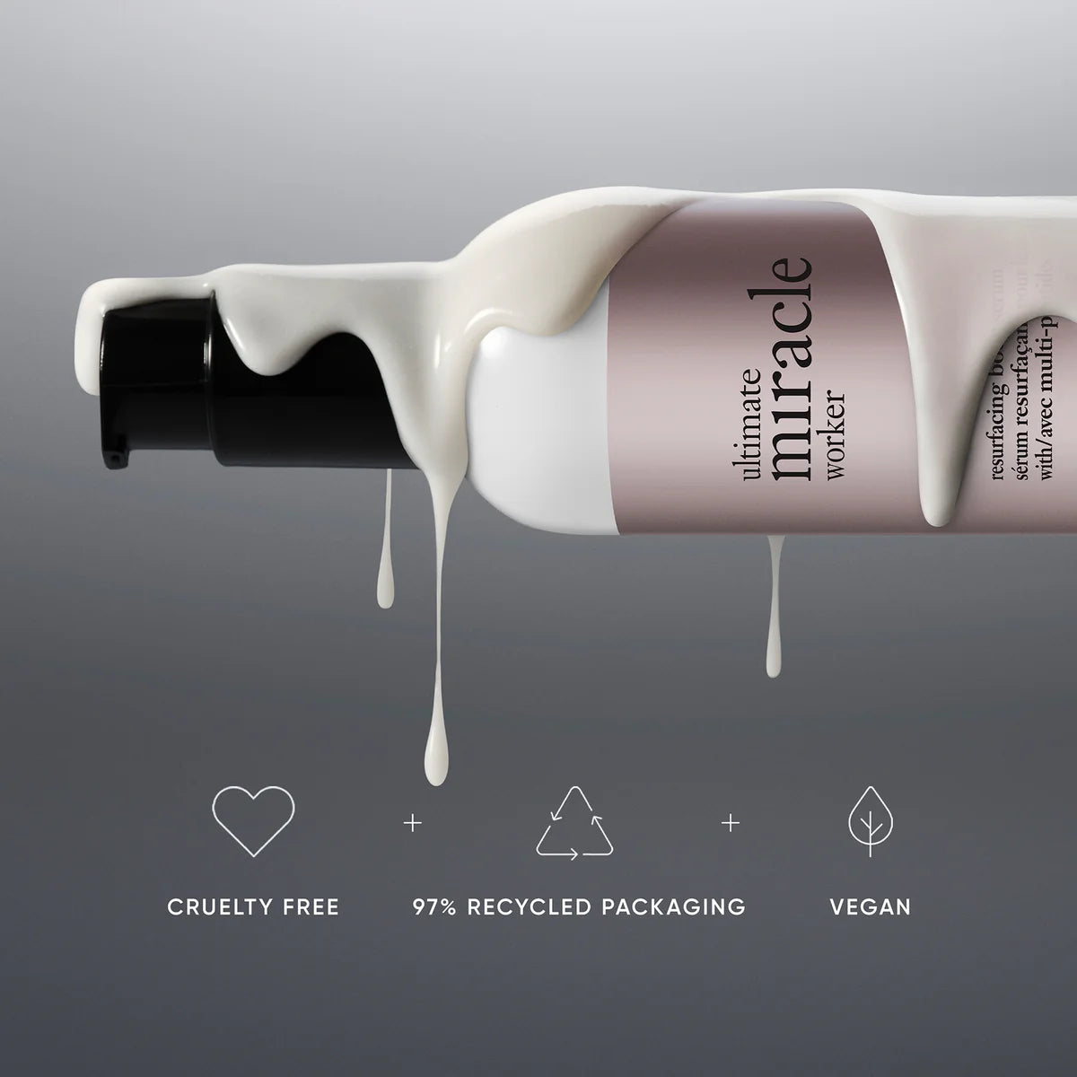 Philosophy resurfacing body serum bottle with creamy texture dripping showcasing cruelty free vegan formula