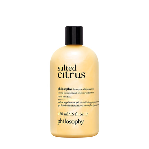 Philosophy salted citrus shower gel in a 480ml bottle with black cap and yellow label