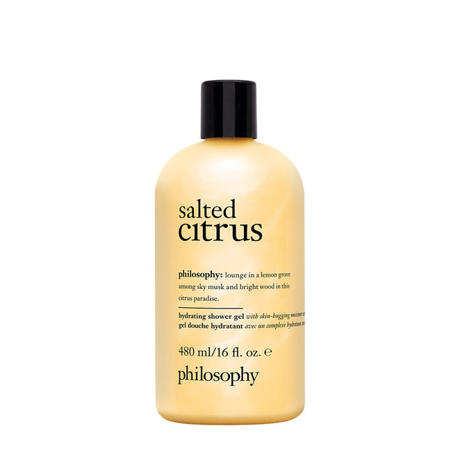 Philosophy salted citrus shower gel in a 480ml bottle with black cap and yellow label