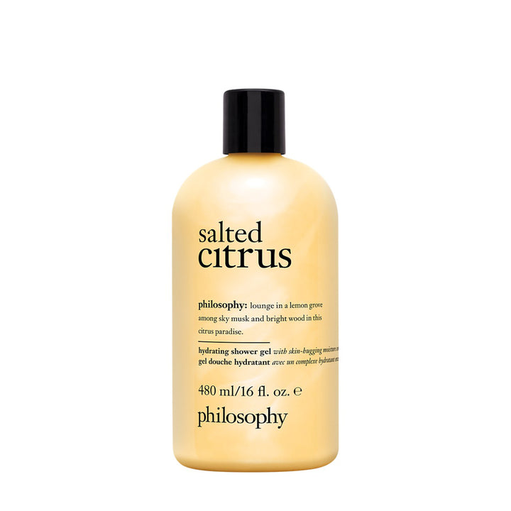 Philosophy salted citrus shower gel in a 480ml bottle with black cap and yellow label