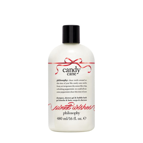 Philosophy shower gel 16 oz Candy Cane scented bottle with black cap and festive red ribbon design