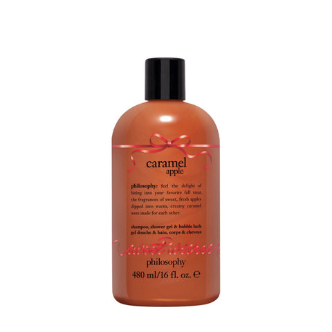 Philosophy shower gel 16 oz caramel apple scent bottle with black cap and red ribbon design