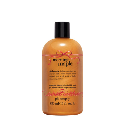 Philosophy shower gel 16 oz morning maple scented bottle with black cap and orange liquid