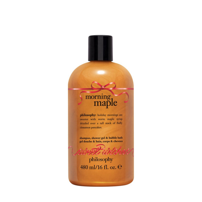 Philosophy shower gel 16 oz morning maple scented bottle with black cap and orange liquid