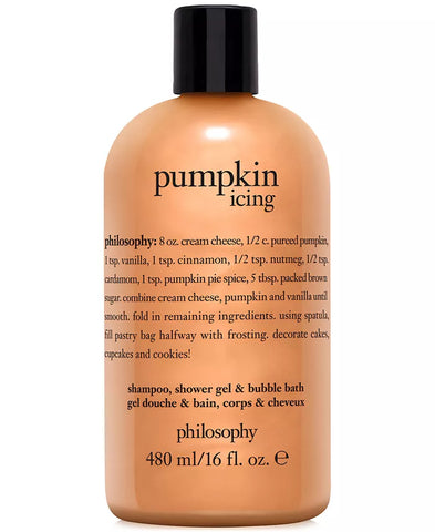 Philosophy shower gel 16 oz pumpkin icing scent bottle with black cap and orange label