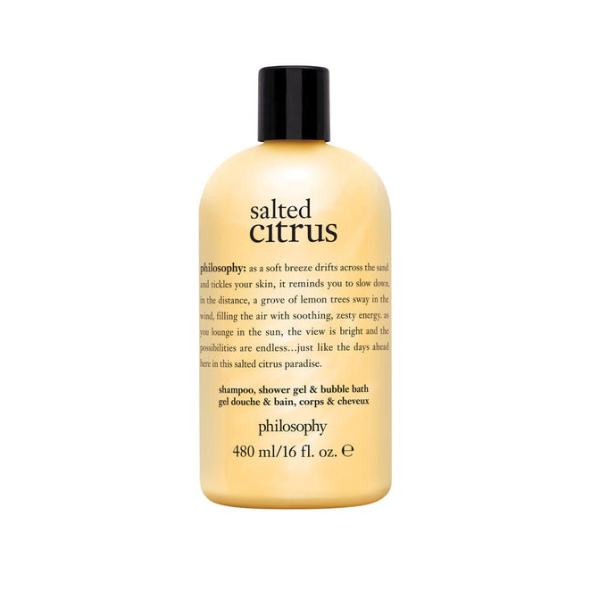 Philosophy shower gel 16 oz salted citrus scent with moisturizing formula in yellow bottle