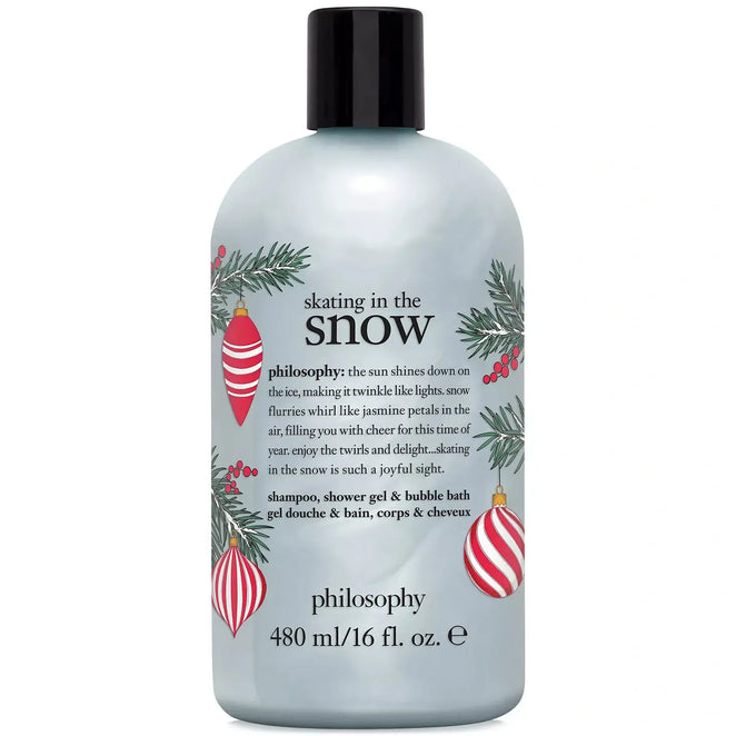 Philosophy shower gel 16 oz bottle with holiday-themed design and festive decorations