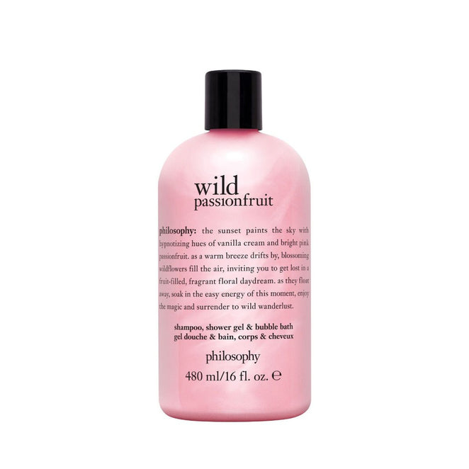 Philosophy shower gel 16 oz wild passionfruit scent in a pink bottle with black cap
