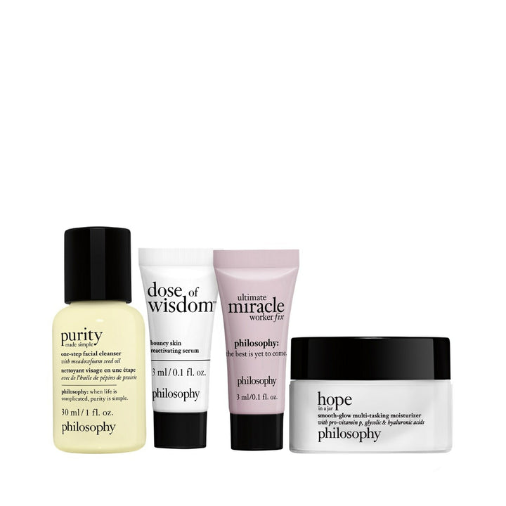 Philosophy skincare set with purity cleanser dose of wisdom serum miracle worker fix and hope moisturizer
