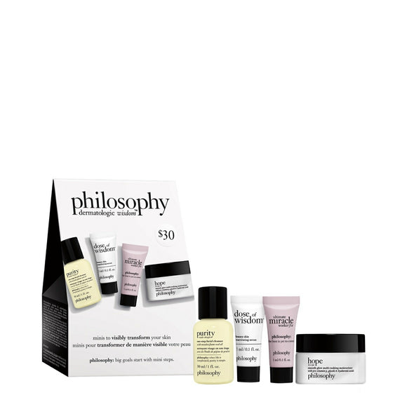 Philosophy skincare set with Purity cleanser, Dose of Wisdom exfoliant, Miracle Worker mask, and Hope moisturizer