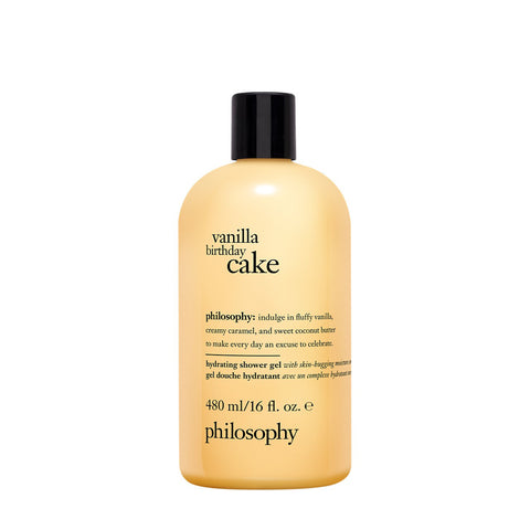 Philosophy vanilla birthday cake shower gel in 16 oz bottle with hydrating formula