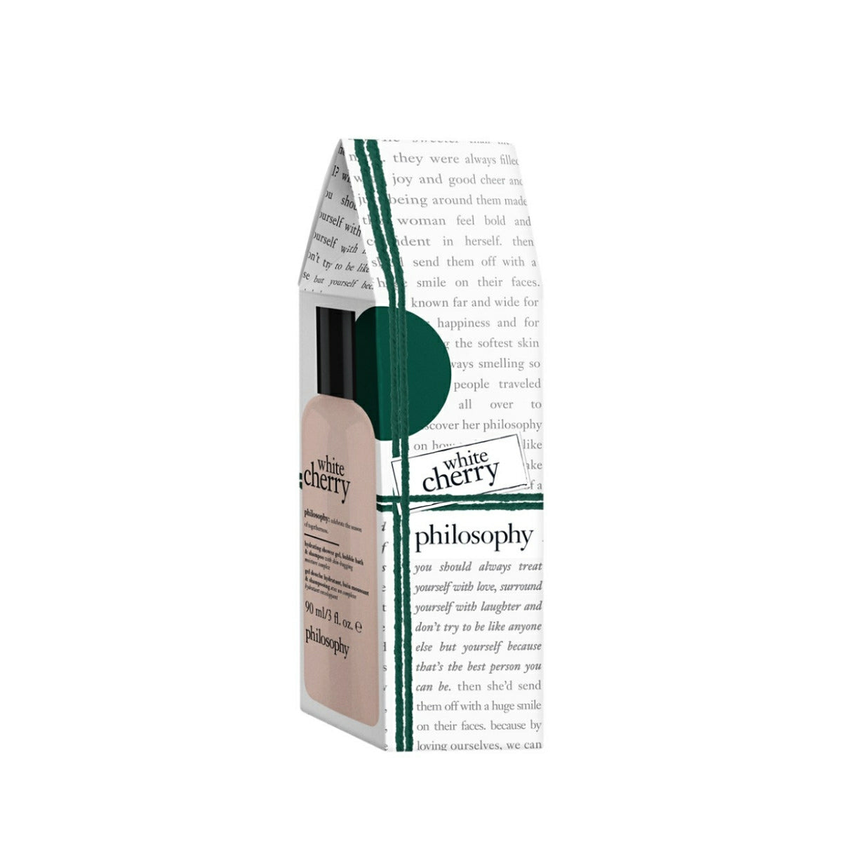 Philosophy white cherry shower gel in a clear bottle with black cap, packaged in a white box with green text accents