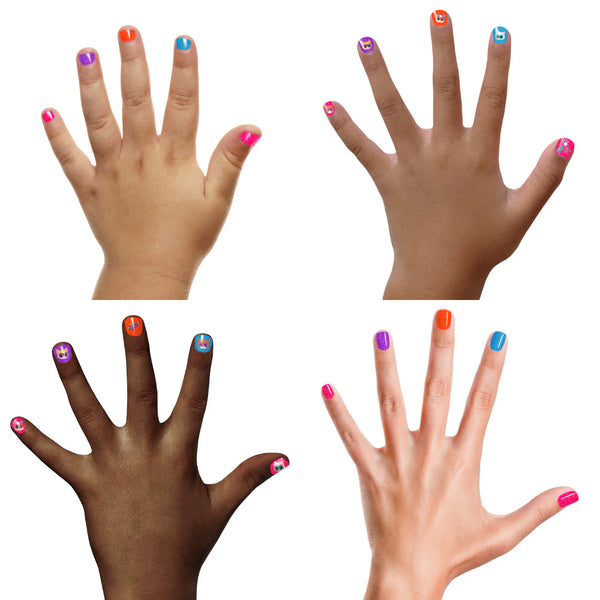 Colorful Piggy Paint SuperKitties nail polish on children's hands featuring various designs