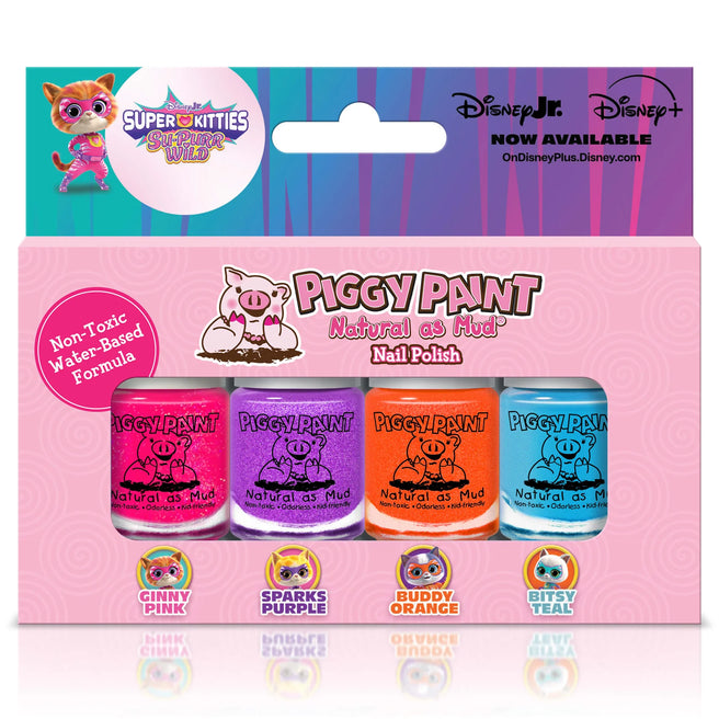Piggy Paint SuperKitties nail polish set featuring vibrant colors Ginny Pink, Sparks Purple, Buddy Orange, and Bitsy Teal