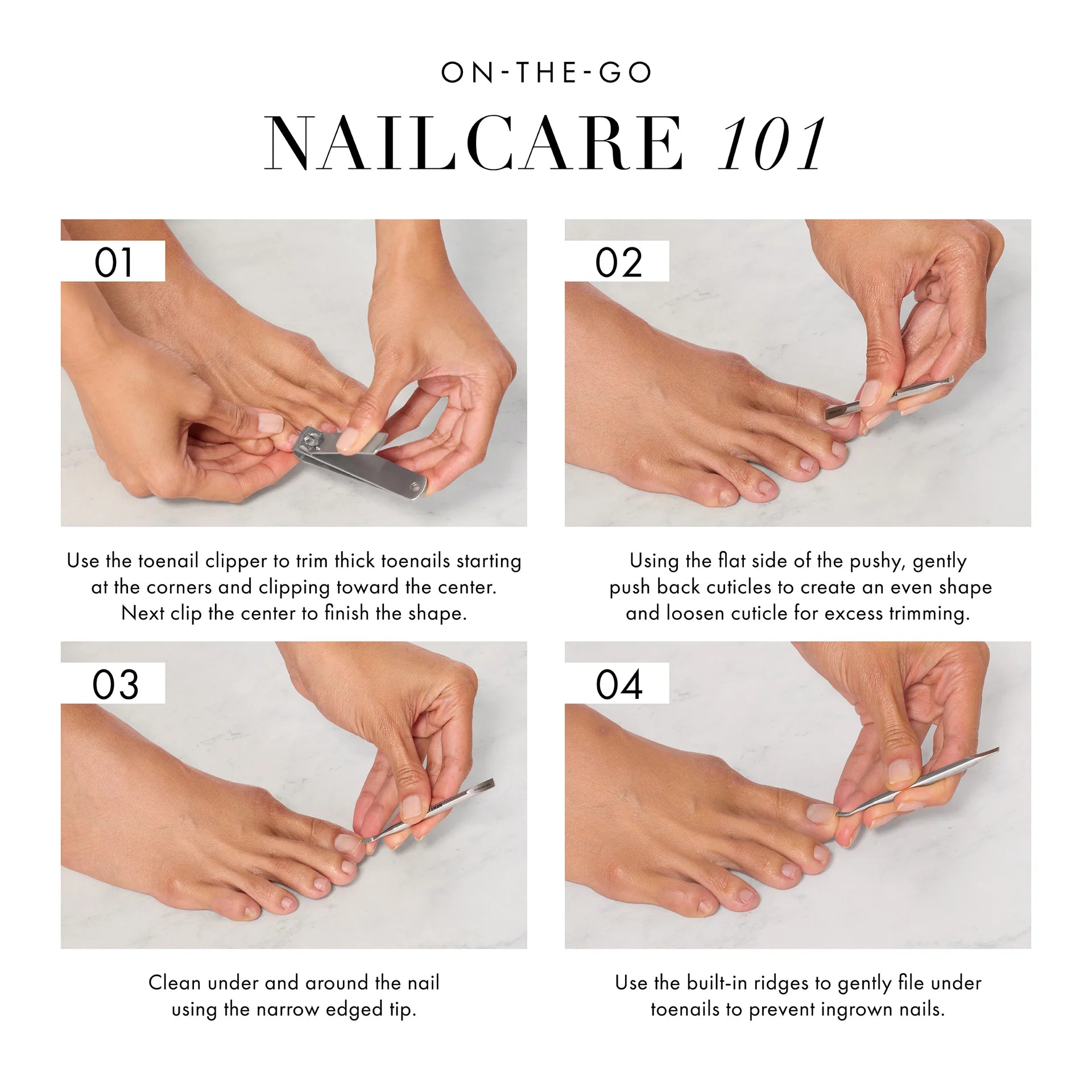 Step-by-step guide for Tweezerman products for nail care featuring toenail clipping and cuticle care