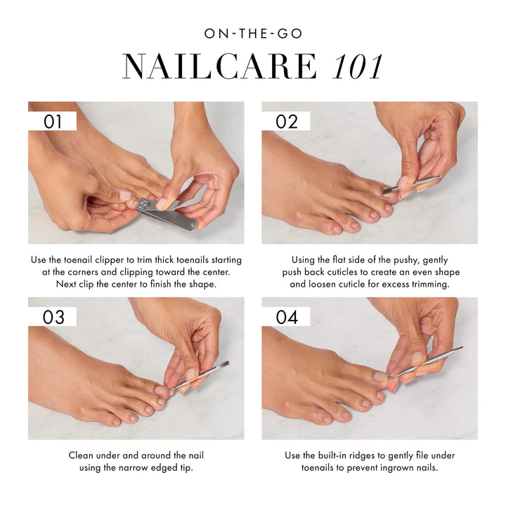 Step-by-step guide for Tweezerman products for nail care featuring toenail clipping and cuticle care