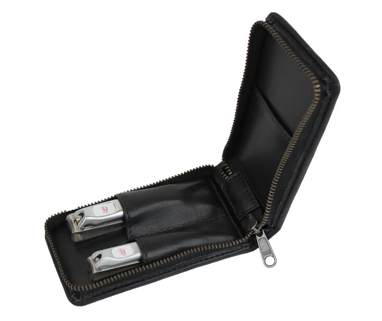 Seki Edge men grooming kit in a black zippered leather case with nail clippers