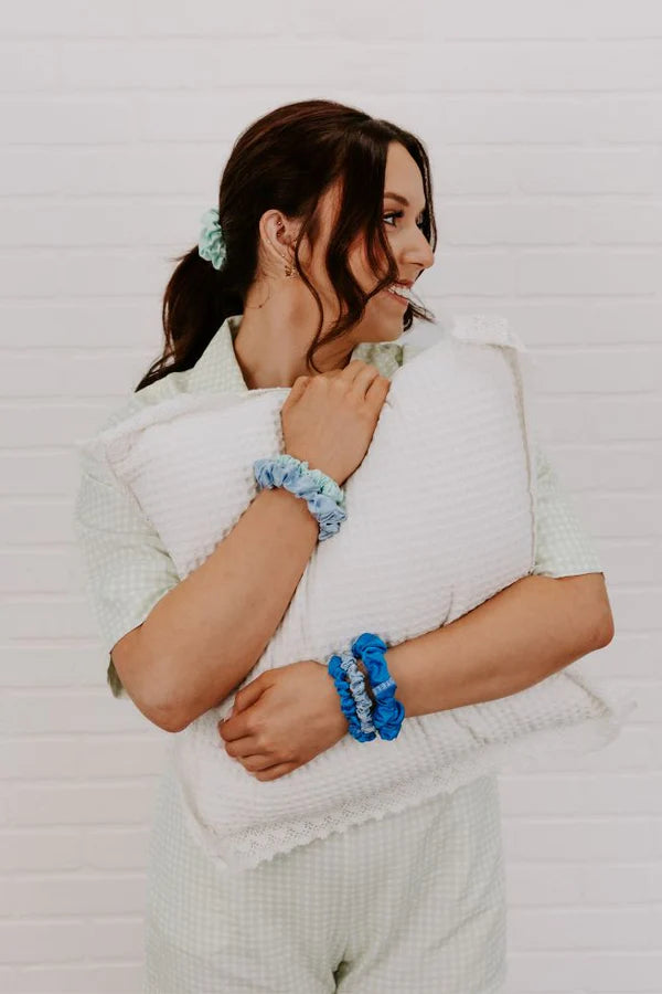 Teleties silk hair scrunchies for women in blue and green shades, perfect for stylish hairstyles