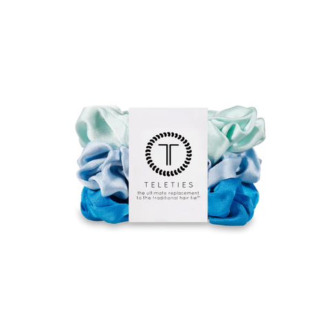 Teleties silk hair scrunchies for women in shades of blue and mint, perfect for stylish hair ties