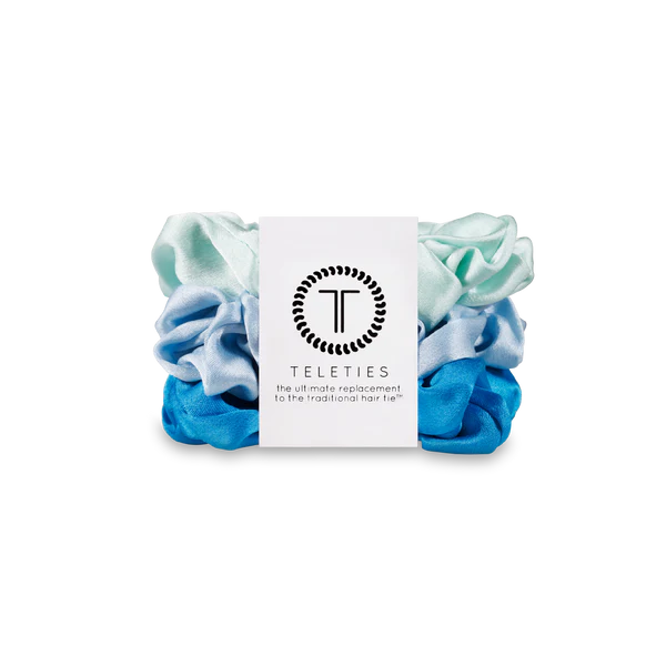 Teleties silk hair scrunchies for women in shades of blue and mint, perfect for stylish hair ties