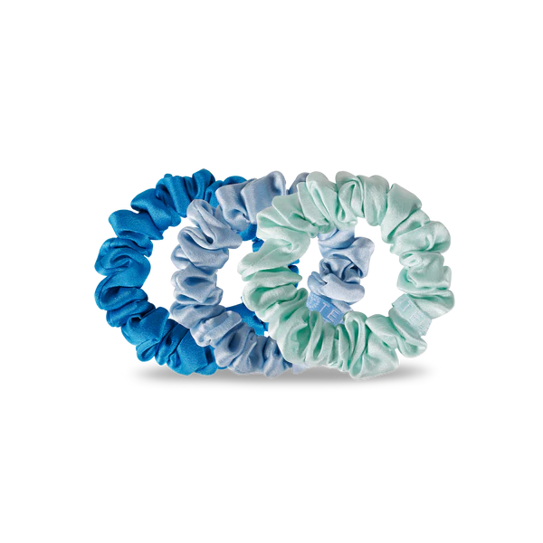 Teleties silk hair scrunchies for women in blue and mint colors, perfect for stylish hair accessories