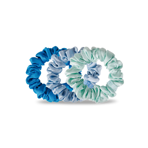 Teleties silk hair scrunchies for women in blue and mint colors, perfect for stylish hair accessories