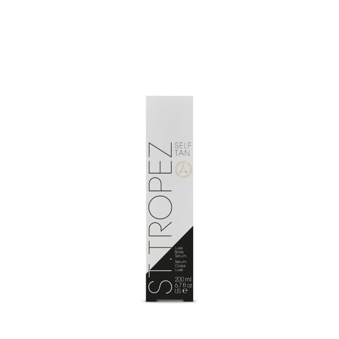 St. Tropez body serum self tan Luxe Body Serum 200ml bottle packaging in white and black