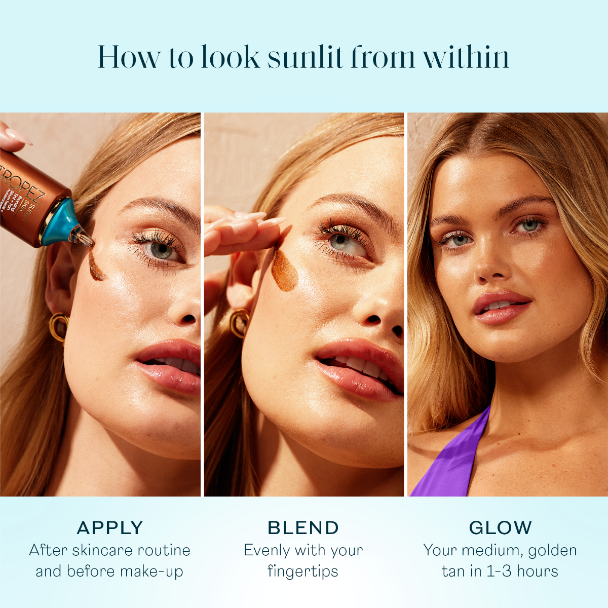 St. Tropez bronzing tint application steps showing a woman applying, blending, and glowing with a golden tan