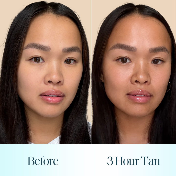 Before and after comparison showing the effect of St Tropez bronzing tint on a woman's face after 3 hours
