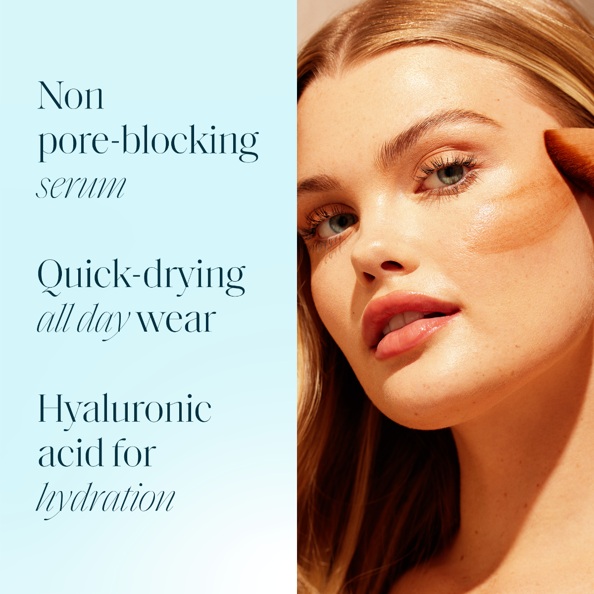 Woman applying St. Tropez bronzing tint on cheek with makeup brush highlighting hydration benefits