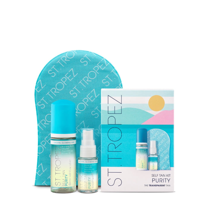 St Tropez self tan kit with tanning mousse, face mist, mitt, and packaging for a natural glow
