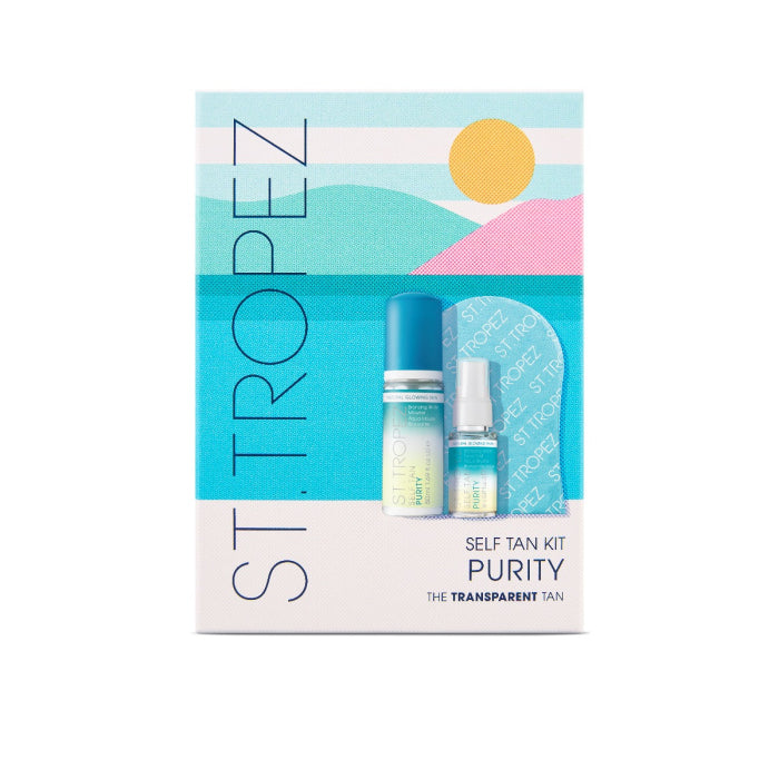 St Tropez self tan kit Purity with transparent tan solution and applicator mitt in colorful packaging