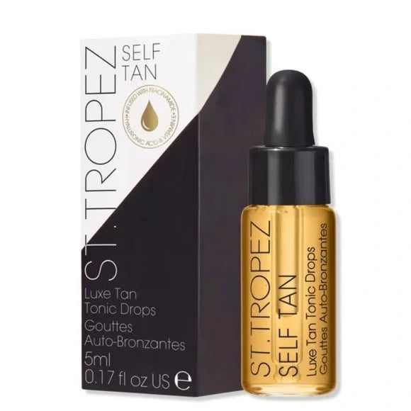 St. Tropez self tanning sample Luxe Tan Tonic Drops 5ml bottle with black and white box packaging