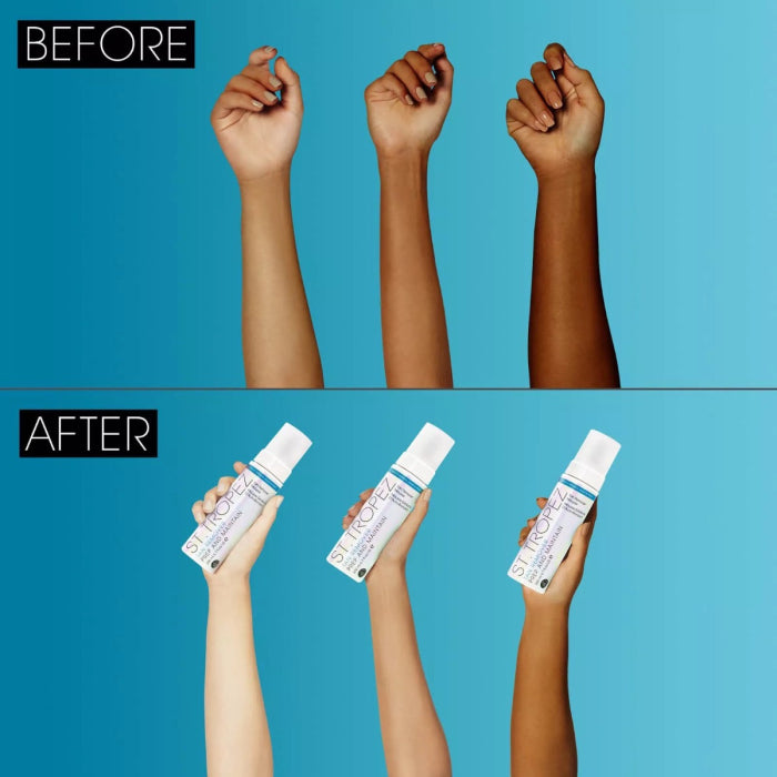 Before and after results using St Tropez tan remover mousse on different skin tones showing tan removal effectiveness