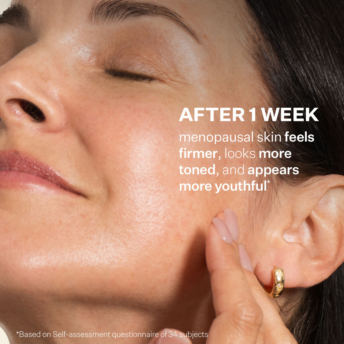 Model applying StriVectin Peptight Tightening Serum showing improved skin firmness and tone after one week