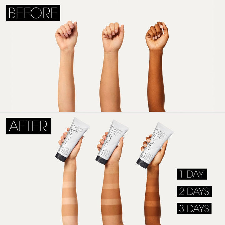 St Tropez gradual tan lotion medium dark showing before and after results on different skin tones over 3 days